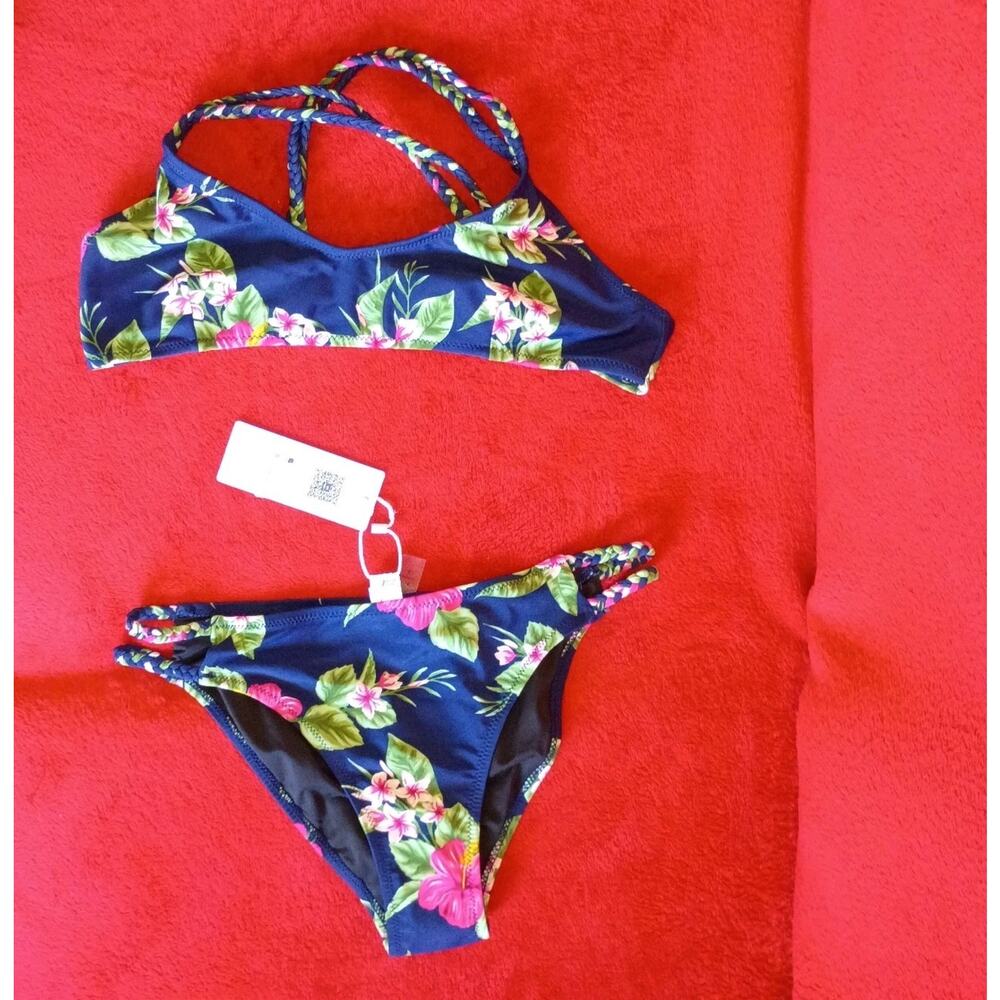 NWT Cupshe Floral Bikini Womens Sz L Braided Tropical Coastal Beach Hawaii Navy